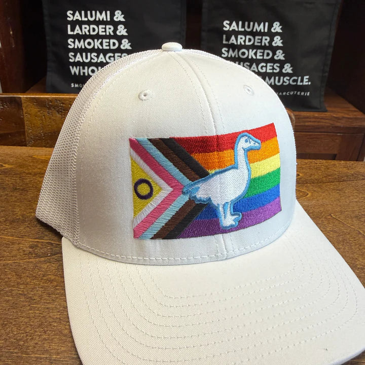 White Trucker Hat with Pride Flag Goose